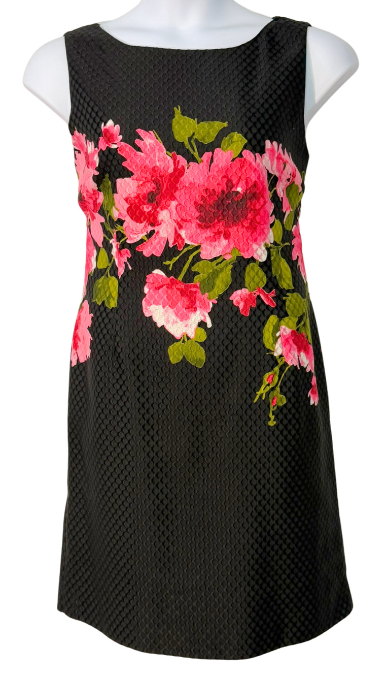 Tahari ASL Sz 14 Sheath Dress Black & Pink Watercolor Floral Honeycomb Textured